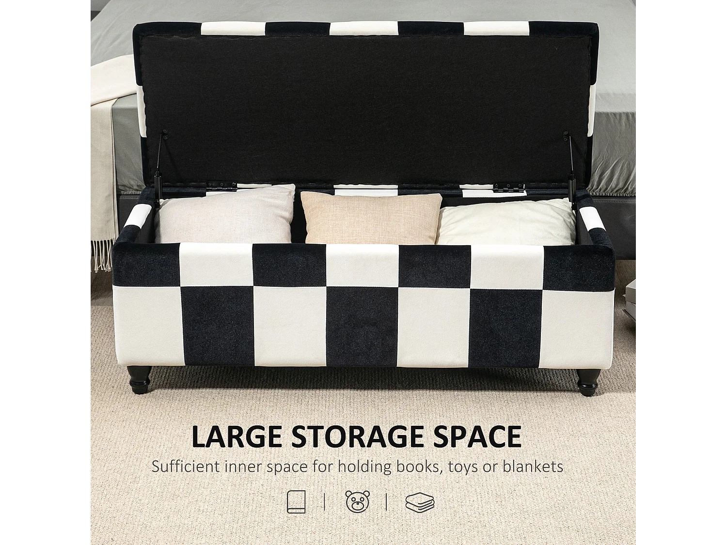 Tava Velvet Black and White Storage Bench with Wooden Legs 114cm