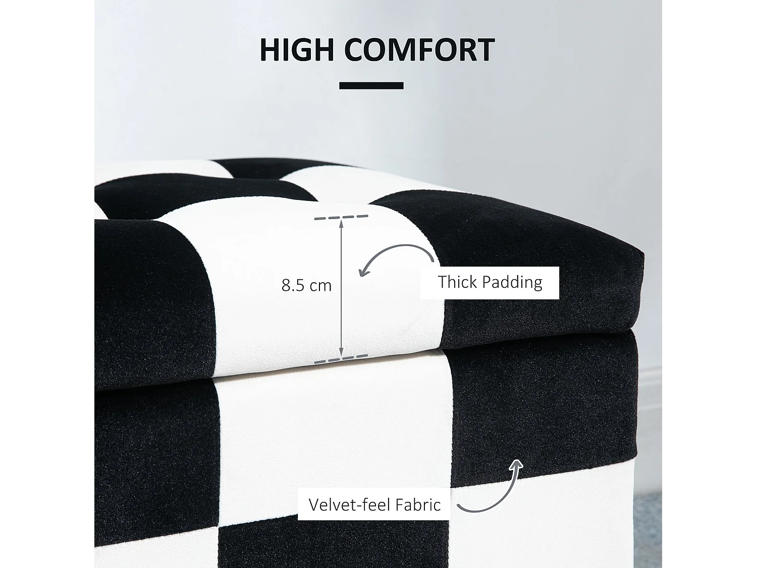 Tava Velvet Black and White Storage Bench with Wooden Legs 114cm