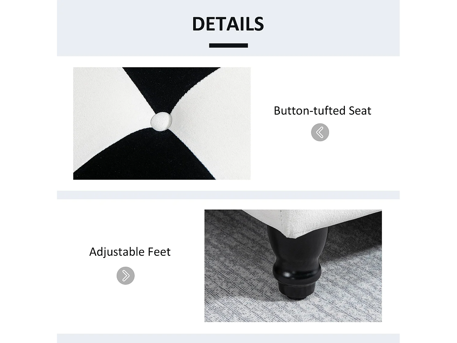 Tava Velvet Black and White Storage Bench with Wooden Legs 114cm