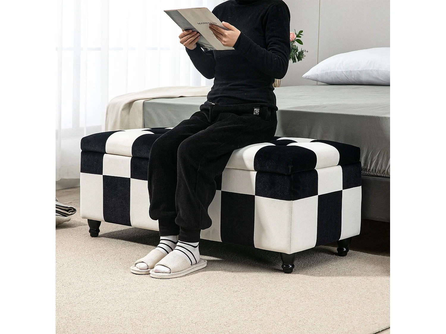 Tava Velvet Black and White Storage Bench with Wooden Legs 114cm