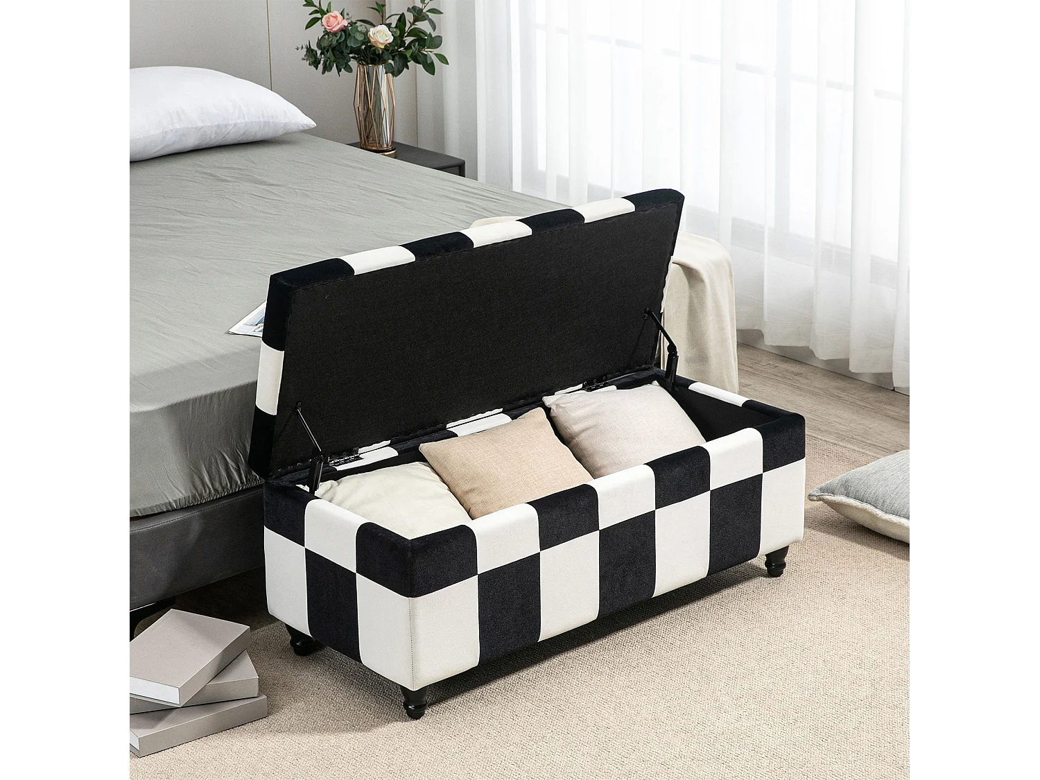 Tava Velvet Black and White Storage Bench with Wooden Legs 114cm