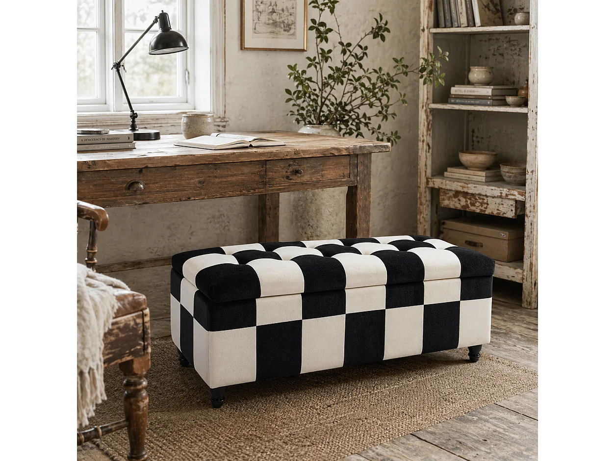Tava Velvet Black and White Storage Bench with Wooden Legs 114cm
