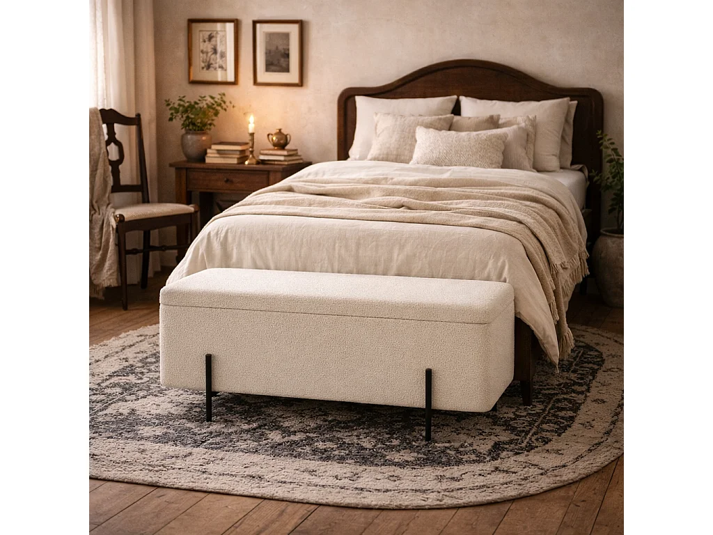 Elowen Rectangle Storage Ottoman Bench Ivory Bouclé Black Metal Legs