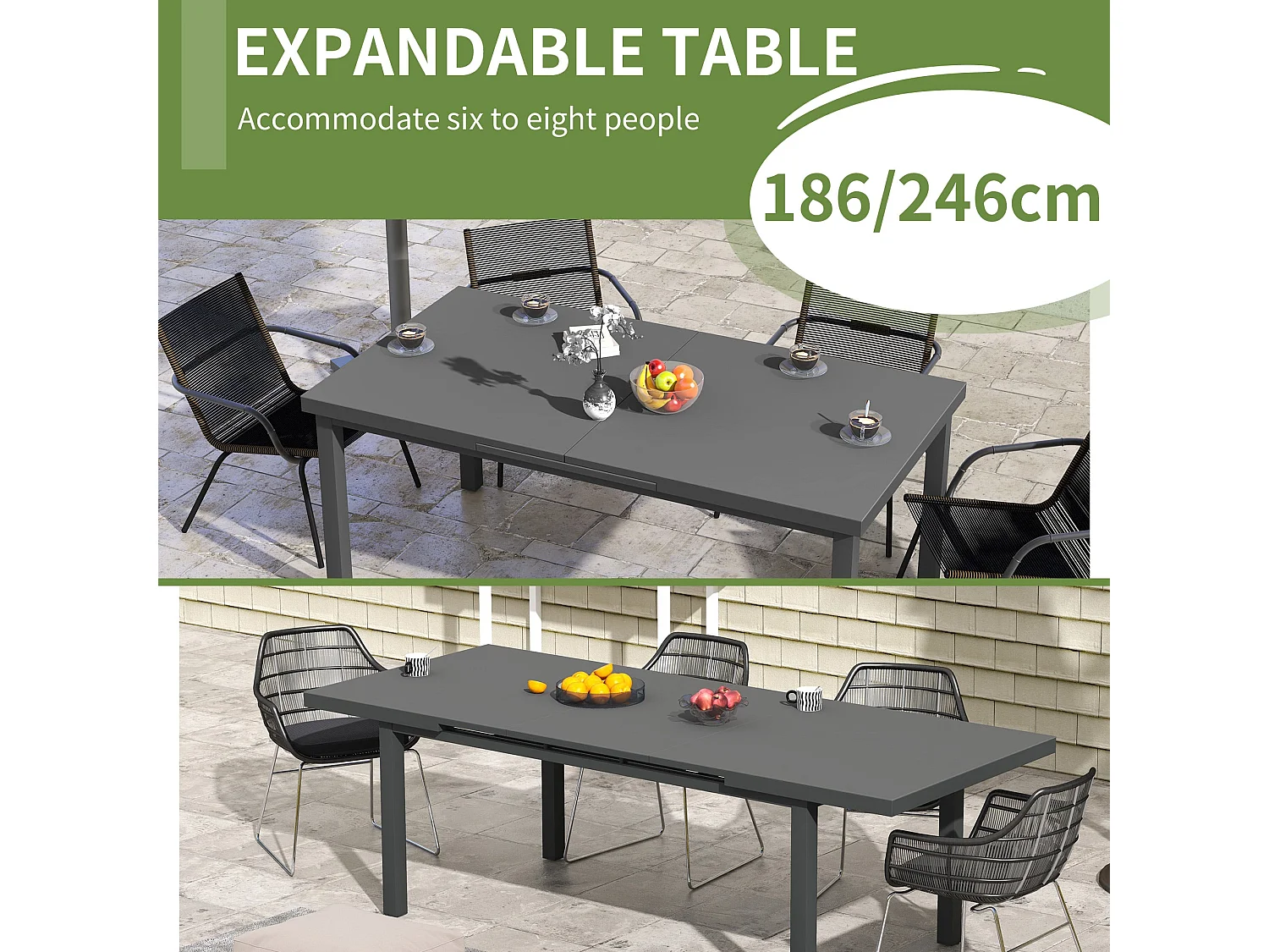 Soroke 6–8 Seater Charcoal Grey Extendable Aluminium Outdoor Dining Table