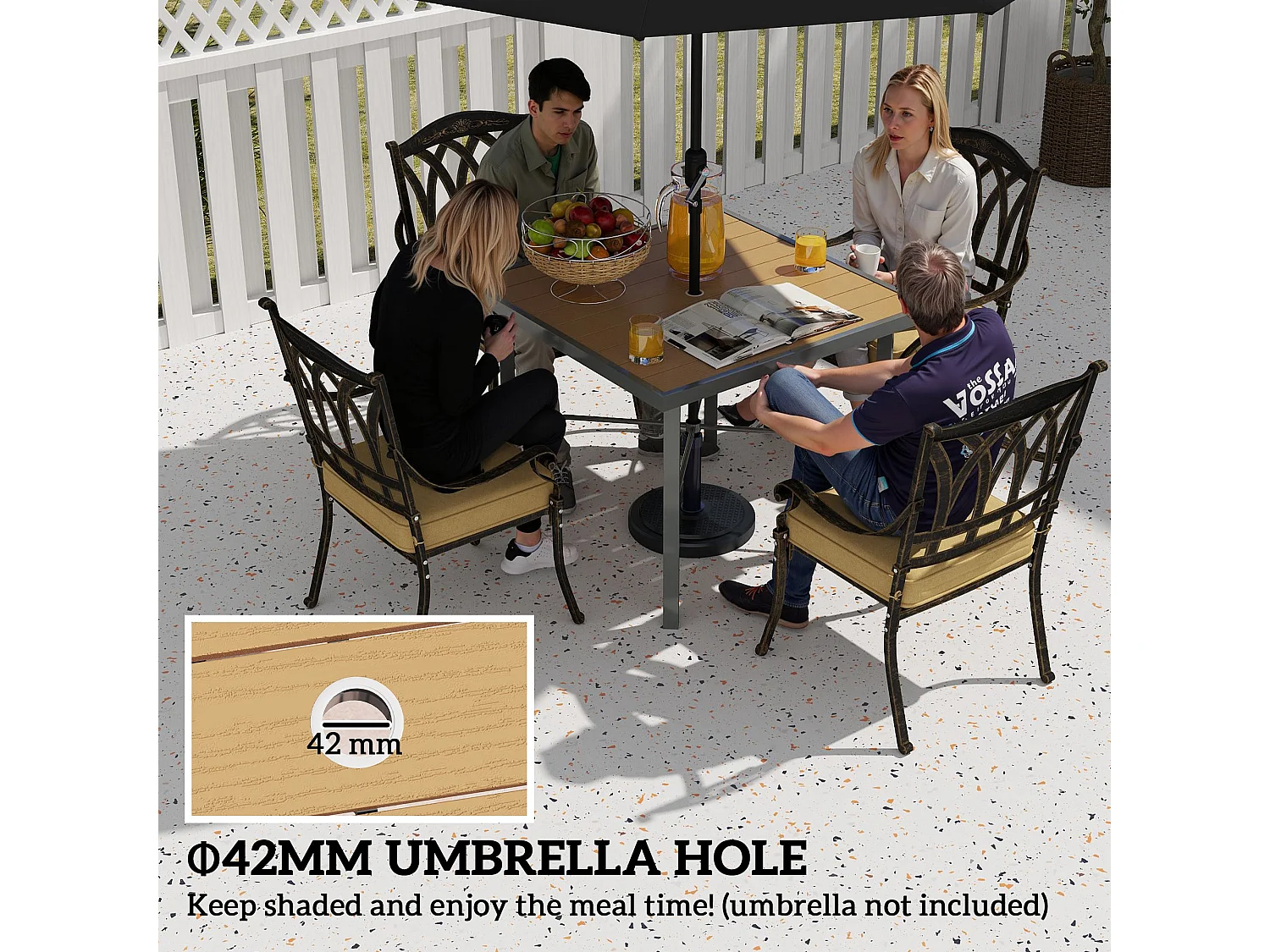 Yole 90x90cm Natural Wood Effect Square Garden Dining Table for 4 with Umbrella Hole