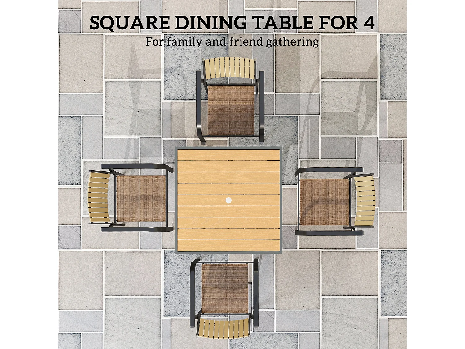 Yole 90x90cm Natural Wood Effect Square Garden Dining Table for 4 with Umbrella Hole