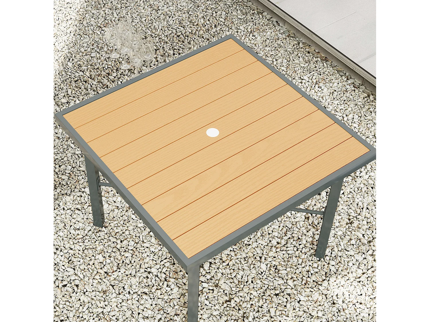 Yole 90x90cm Natural Wood Effect Square Garden Dining Table for 4 with Umbrella Hole