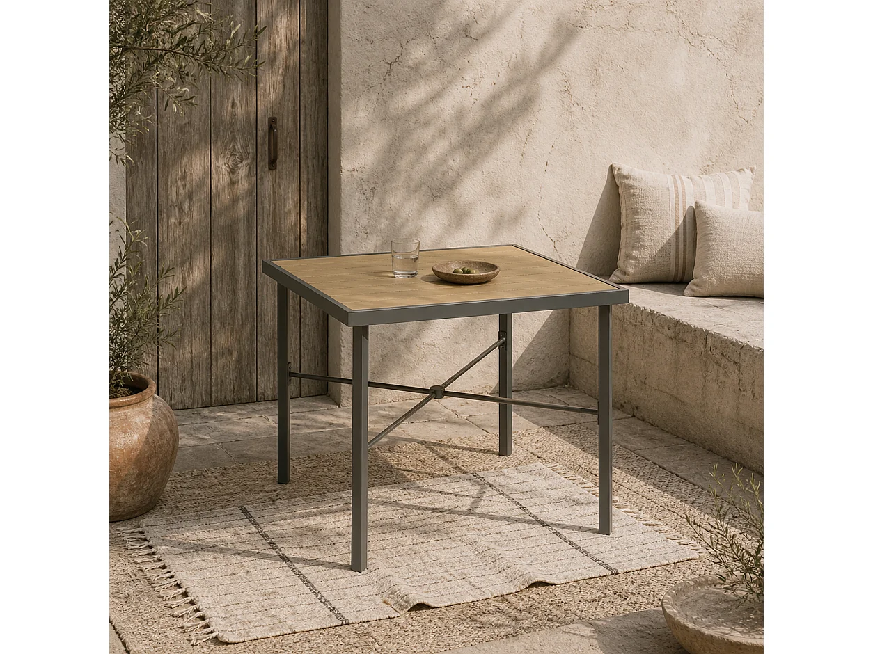 Yole 90x90cm Natural Wood Effect Square Garden Dining Table for 4 with Umbrella Hole