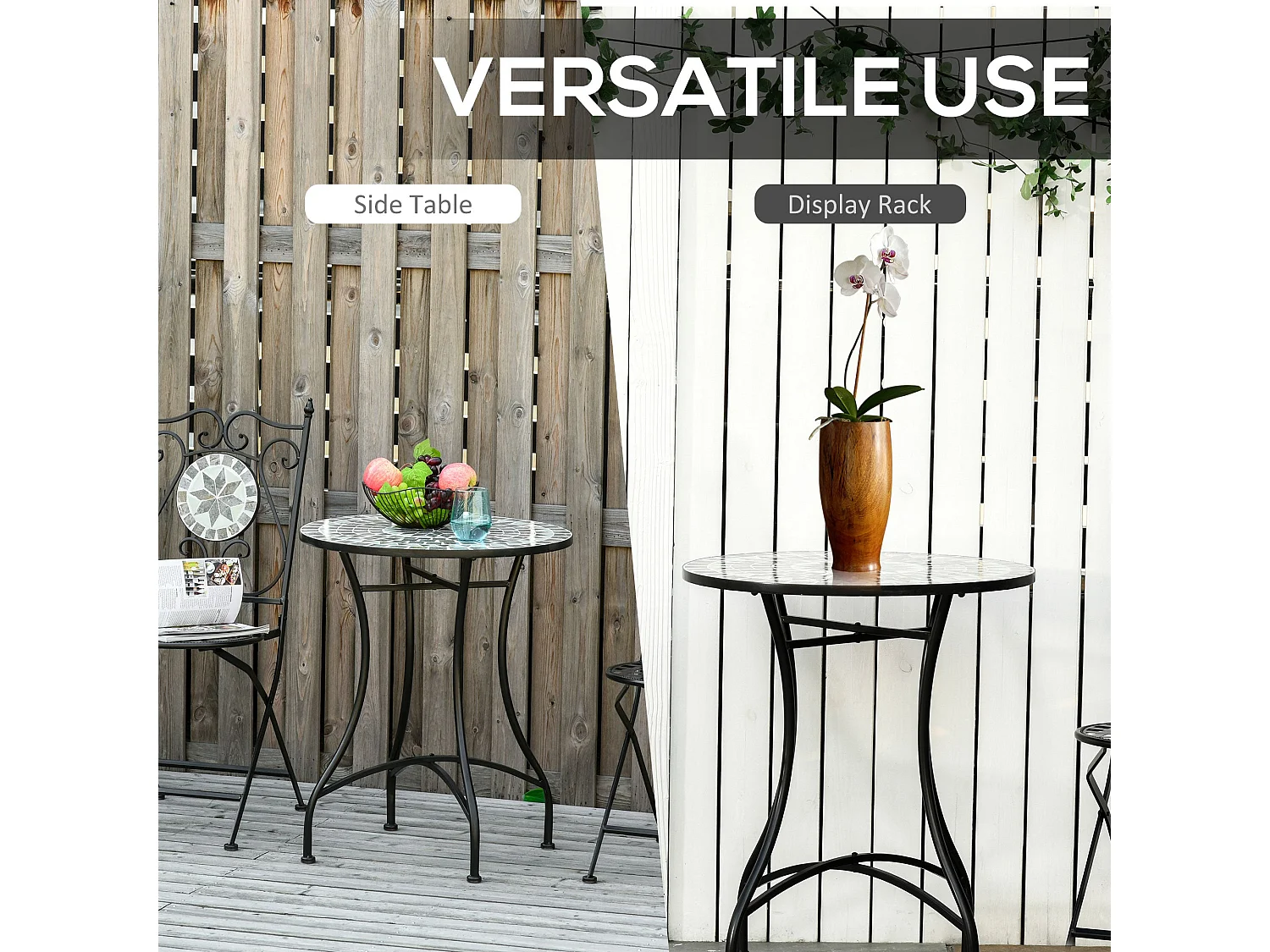 Sesori 60cm Round Mosaic Garden Table Ceramic Top and Powder Coated Metal Frame
