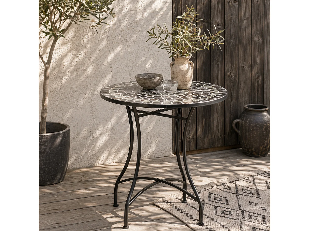 Sesori 60cm Round Mosaic Garden Table Ceramic Top and Powder Coated Metal Frame