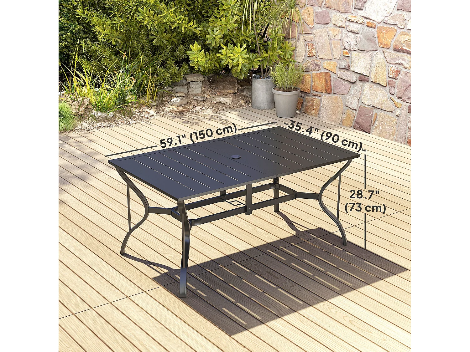 Ludo 150cm Rectangular Black Steel Garden Dining Table with Slatted Top and Parasol Hole