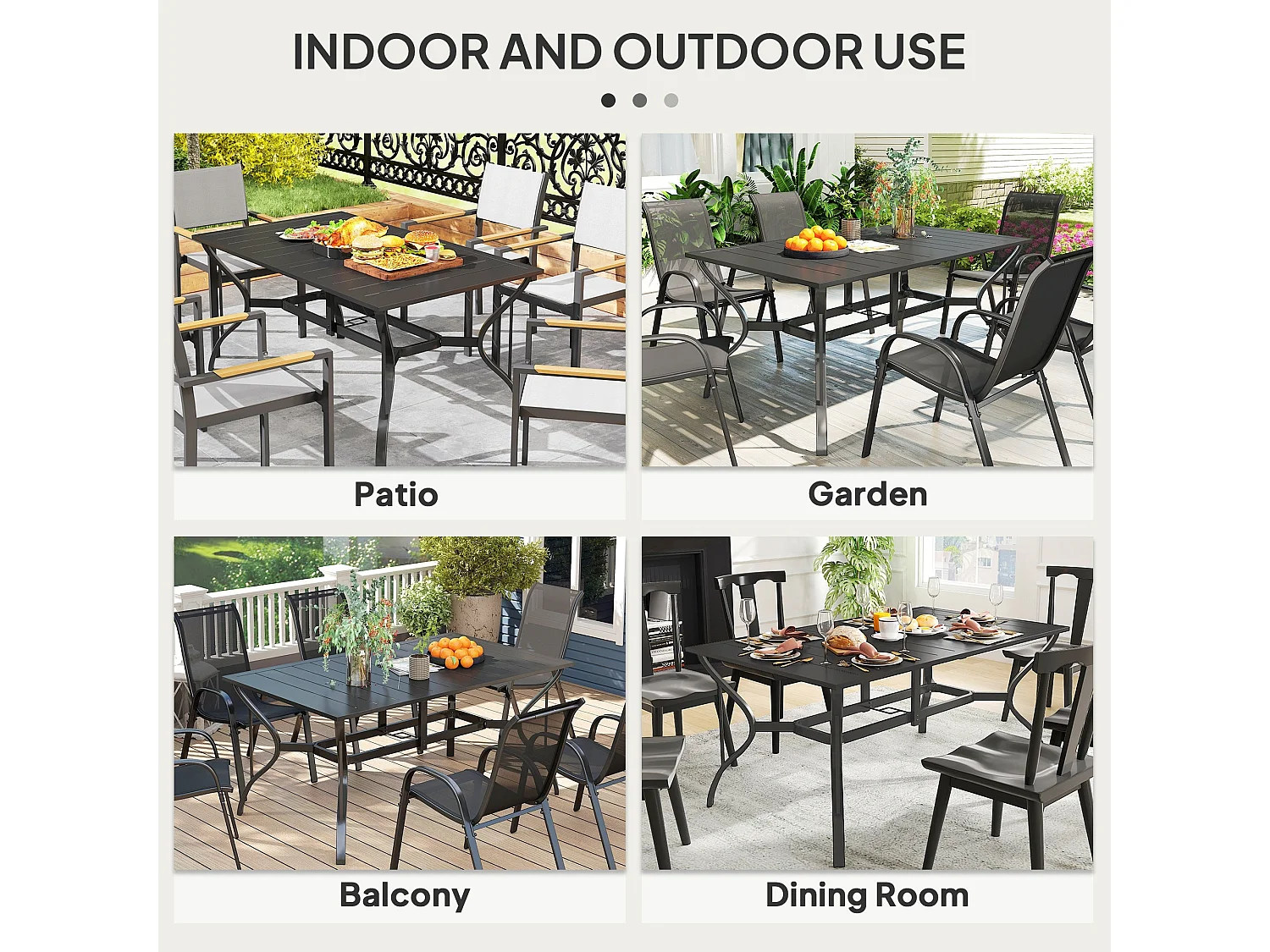 Ludo 150cm Rectangular Black Steel Garden Dining Table with Slatted Top and Parasol Hole