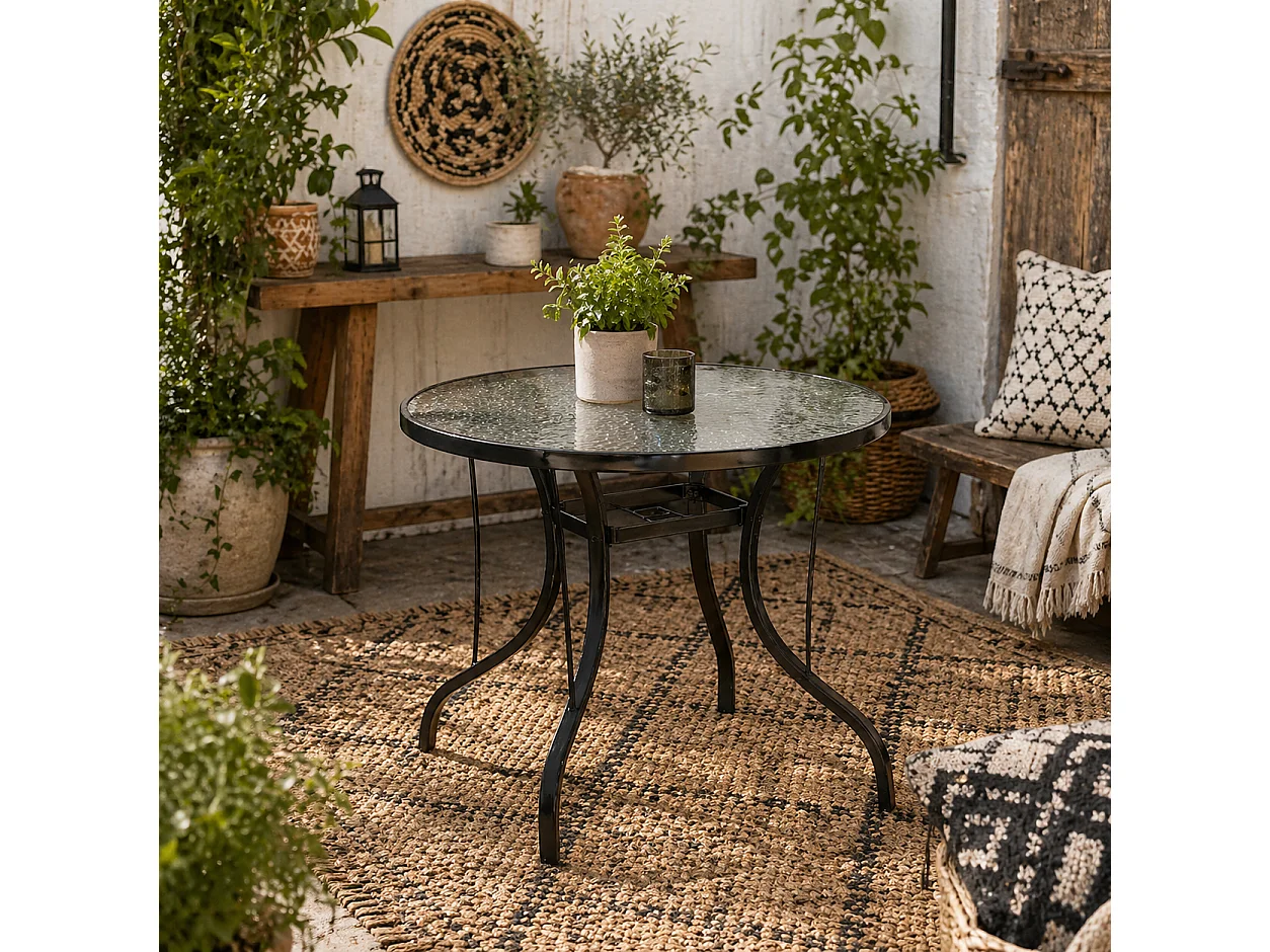 Reka 96.5cm Round Glass Outdoor Dining Table with Parasol Hole