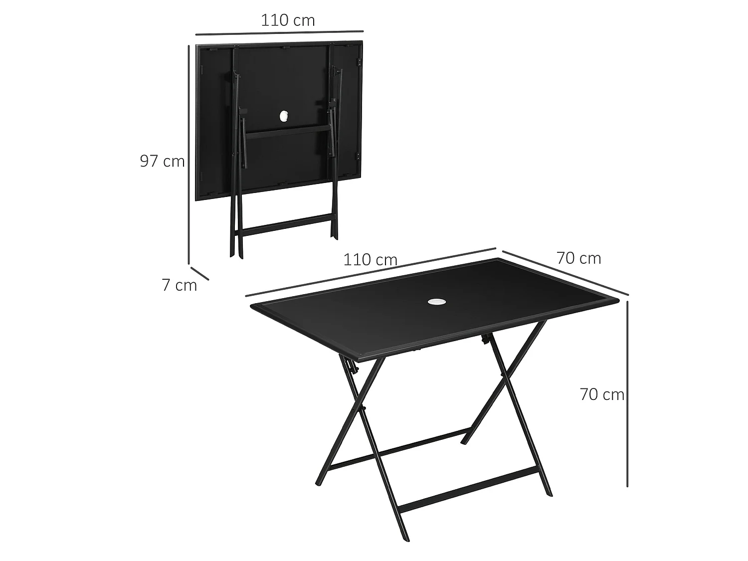 Nonila 110cm Black Steel and Tempered Glass Folding Outdoor Dining Table for 6