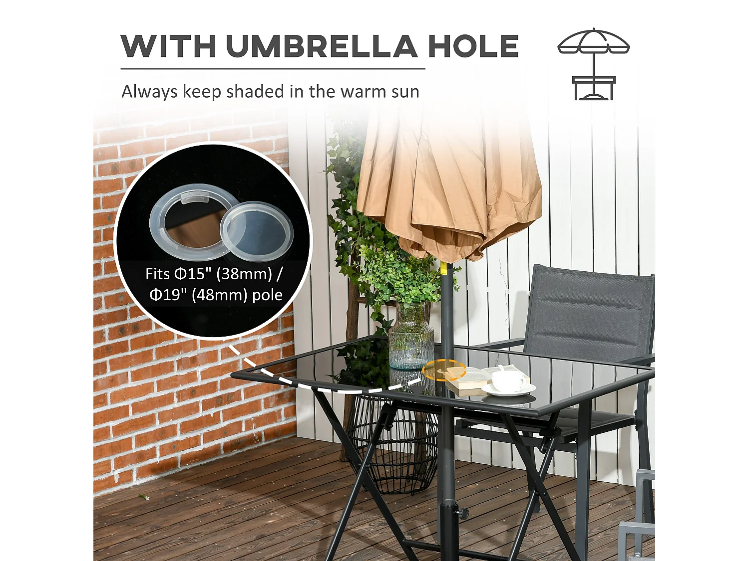 Nonila 110cm Black Steel and Tempered Glass Folding Outdoor Dining Table for 6