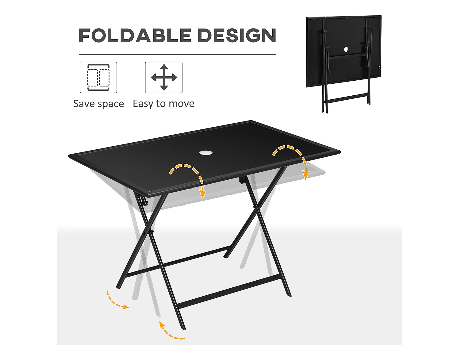 Nonila 110cm Black Steel and Tempered Glass Folding Outdoor Dining Table for 6