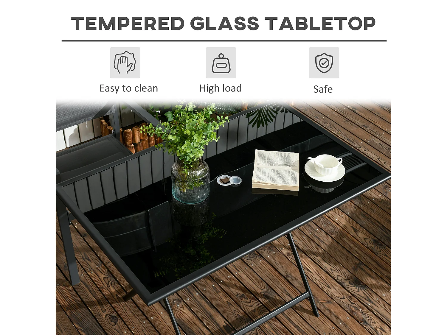 Nonila 110cm Black Steel and Tempered Glass Folding Outdoor Dining Table for 6