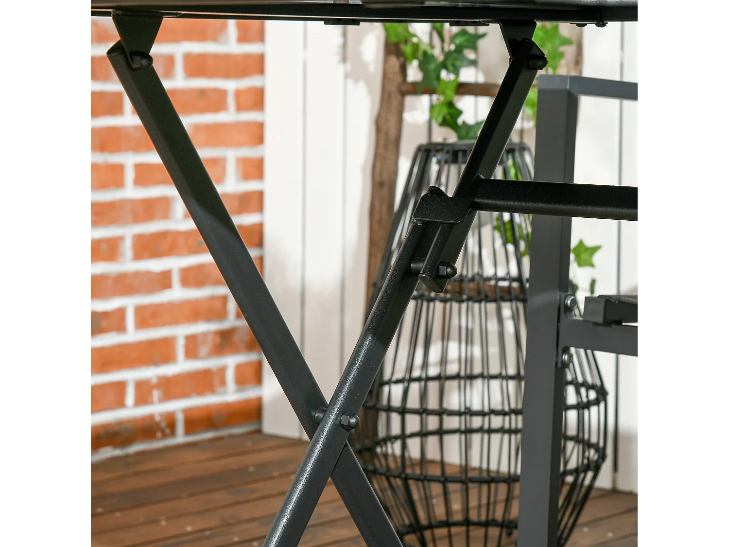 Nonila 110cm Black Steel and Tempered Glass Folding Outdoor Dining Table for 6