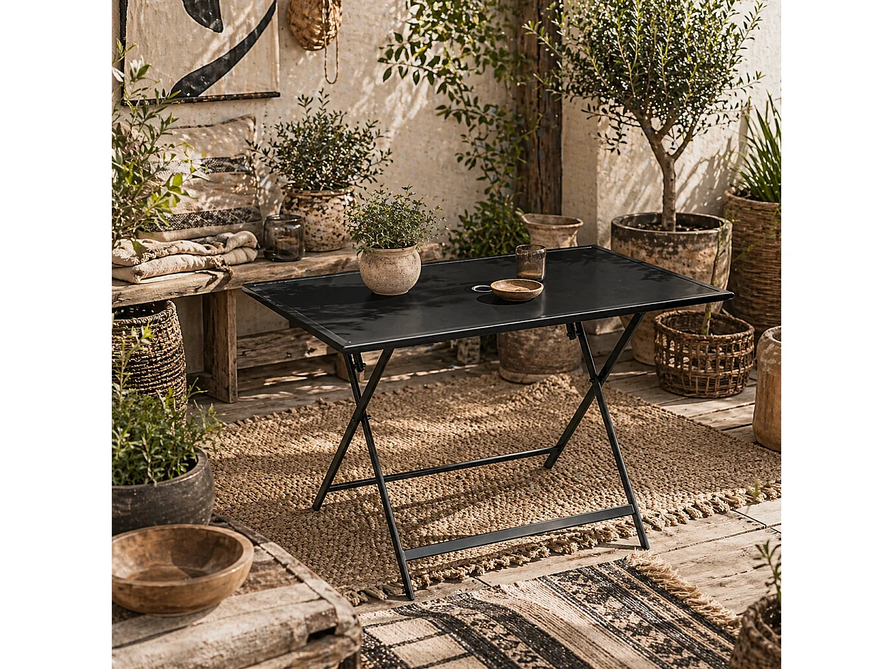 Nonila 110cm Black Steel and Tempered Glass Folding Outdoor Dining Table for 6