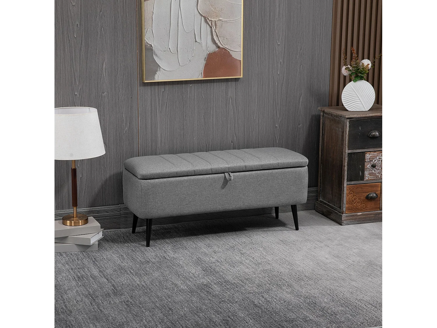 Kala Grey Fabric Rectangular Storage Ottoman Bench with Lift Up Top and Steel Legs