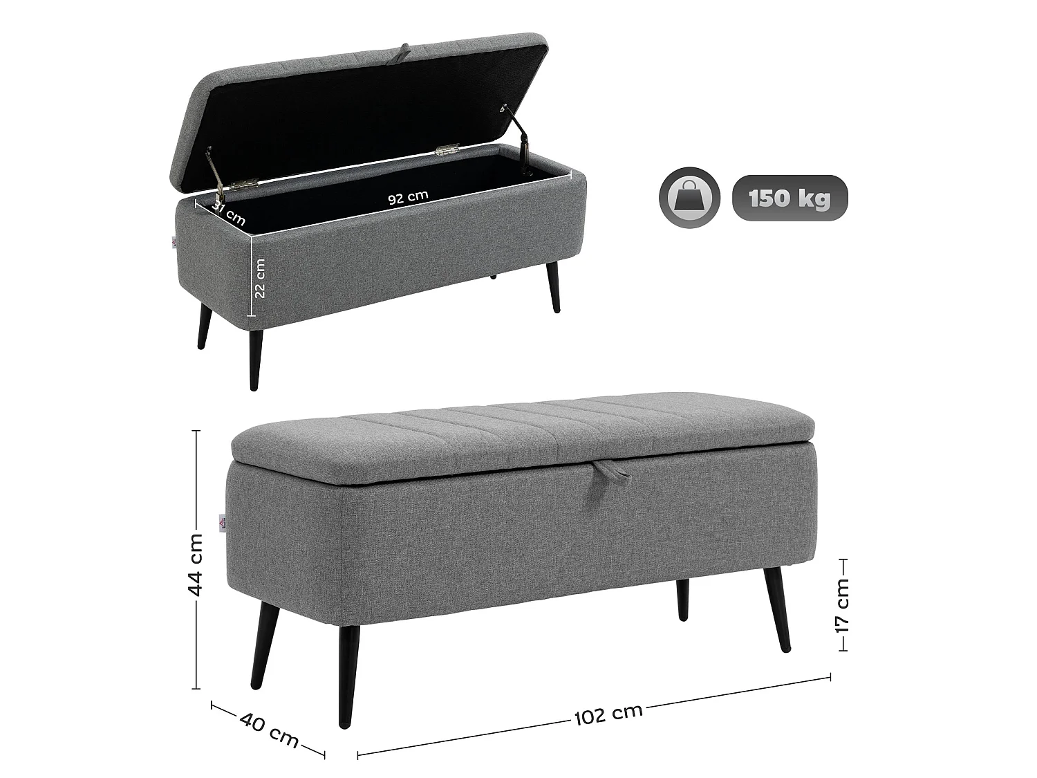 Kala Grey Fabric Rectangular Storage Ottoman Bench with Lift Up Top and Steel Legs