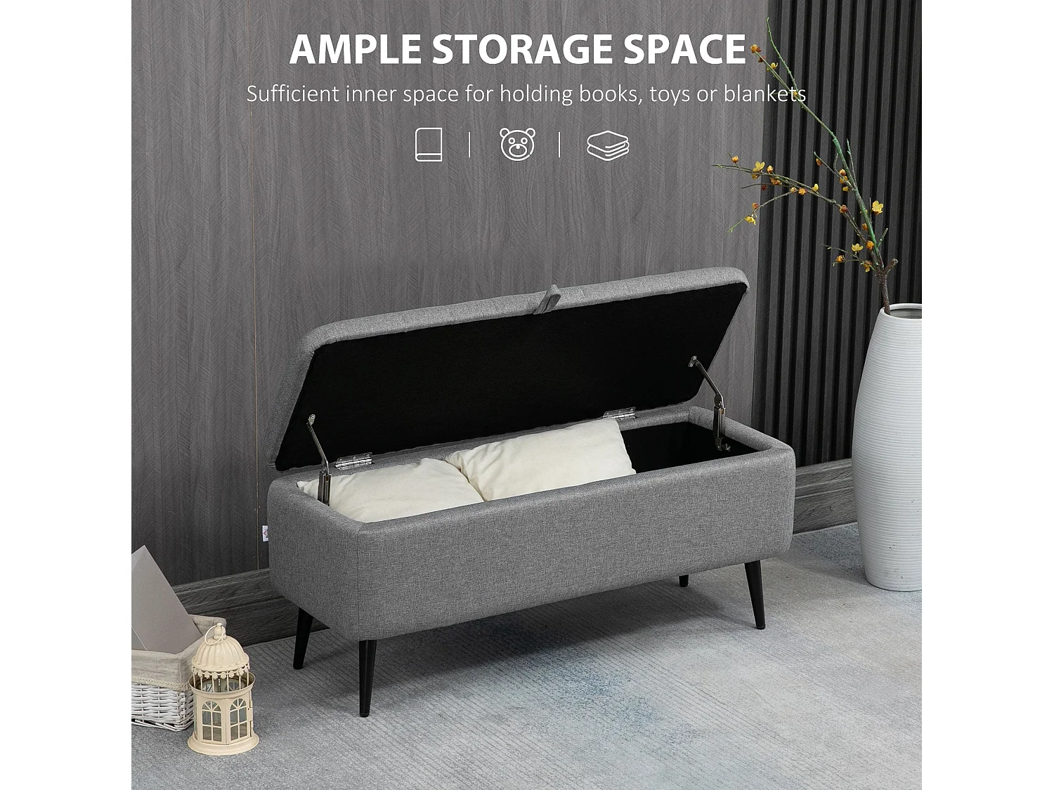 Kala Grey Fabric Rectangular Storage Ottoman Bench with Lift Up Top and Steel Legs