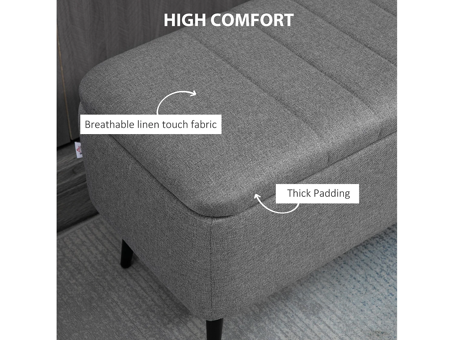 Kala Grey Fabric Rectangular Storage Ottoman Bench with Lift Up Top and Steel Legs