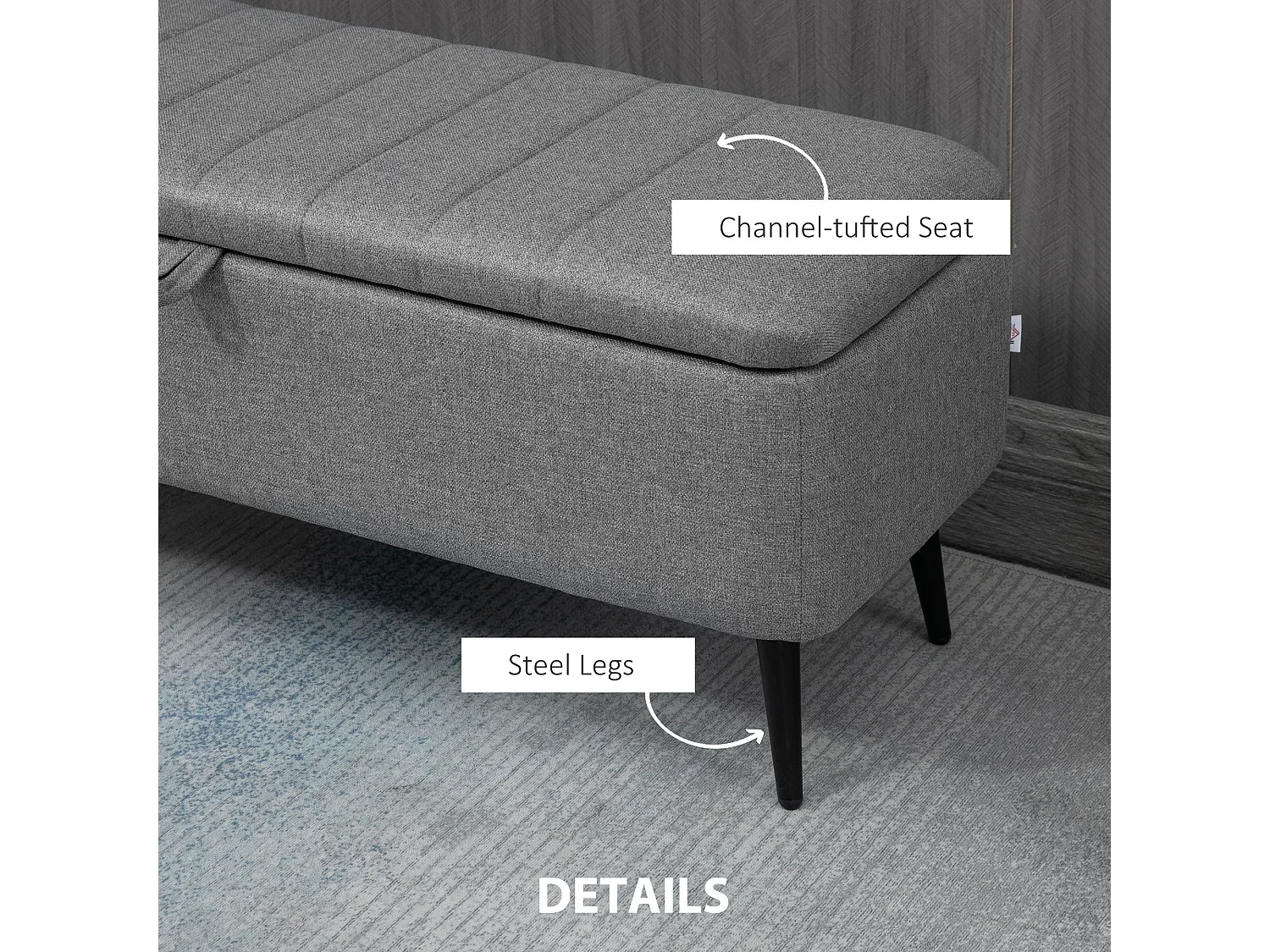 Kala Grey Fabric Rectangular Storage Ottoman Bench with Lift Up Top and Steel Legs