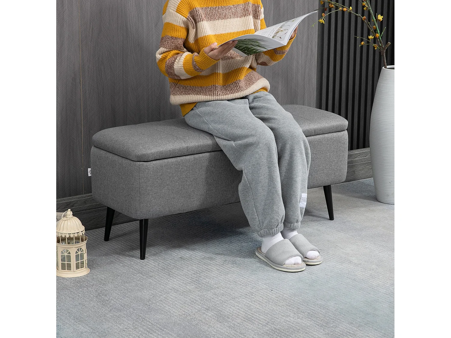 Kala Grey Fabric Rectangular Storage Ottoman Bench with Lift Up Top and Steel Legs