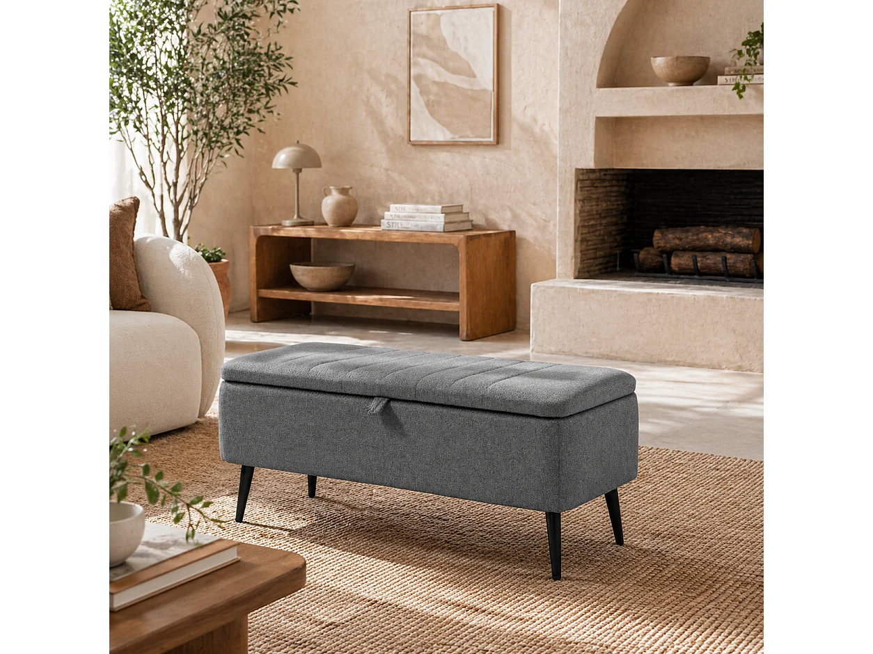 Kala Grey Fabric Rectangular Storage Ottoman Bench with Lift Up Top and Steel Legs
