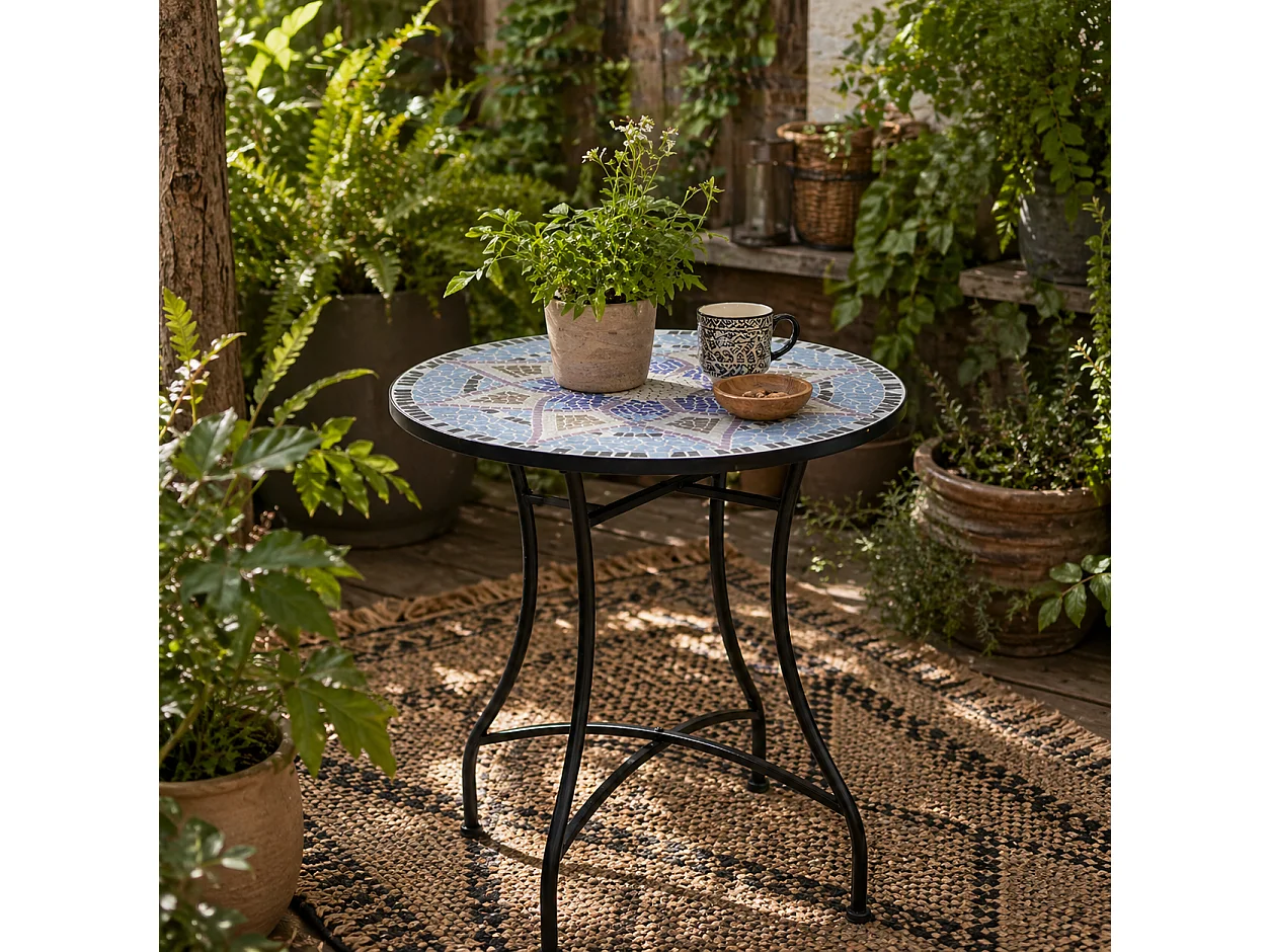 Makema Ceramic Blue and White 60cm Round Mosaic Outdoor Bistro Table