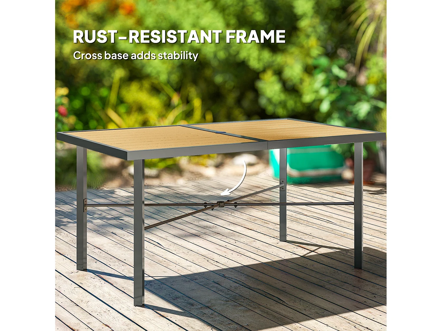 Zirelo Natural Wood Effect Rectangular Garden Dining Table 150x90cm Seats 6 Parasol Hole