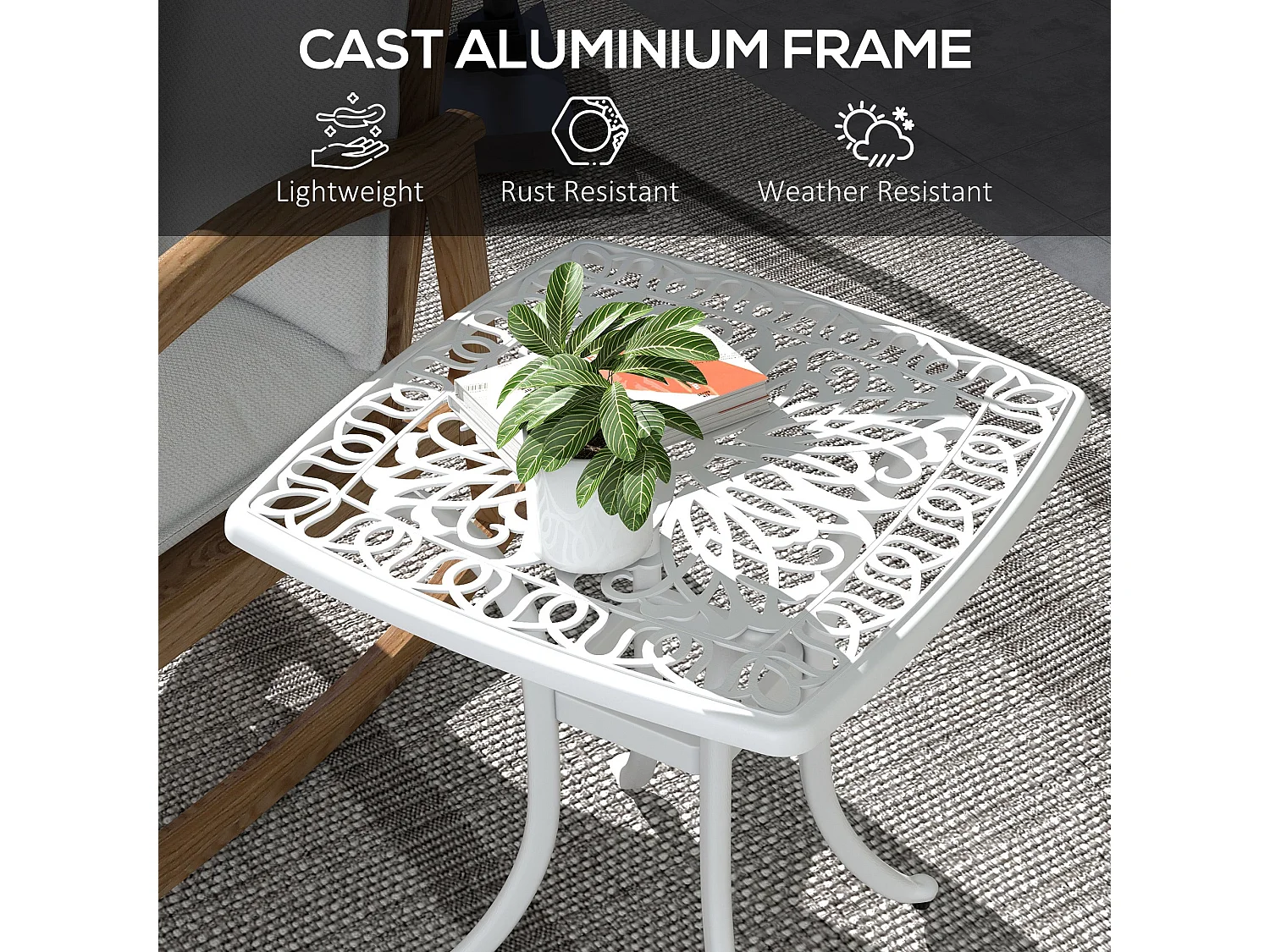 Zisu White Cast Aluminium Square Bistro Table with Umbrella Hole