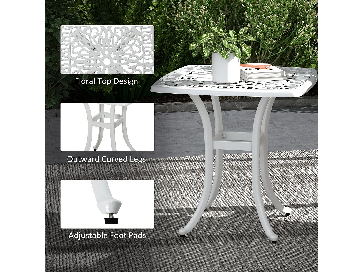 Zisu White Cast Aluminium Square Bistro Table with Umbrella Hole