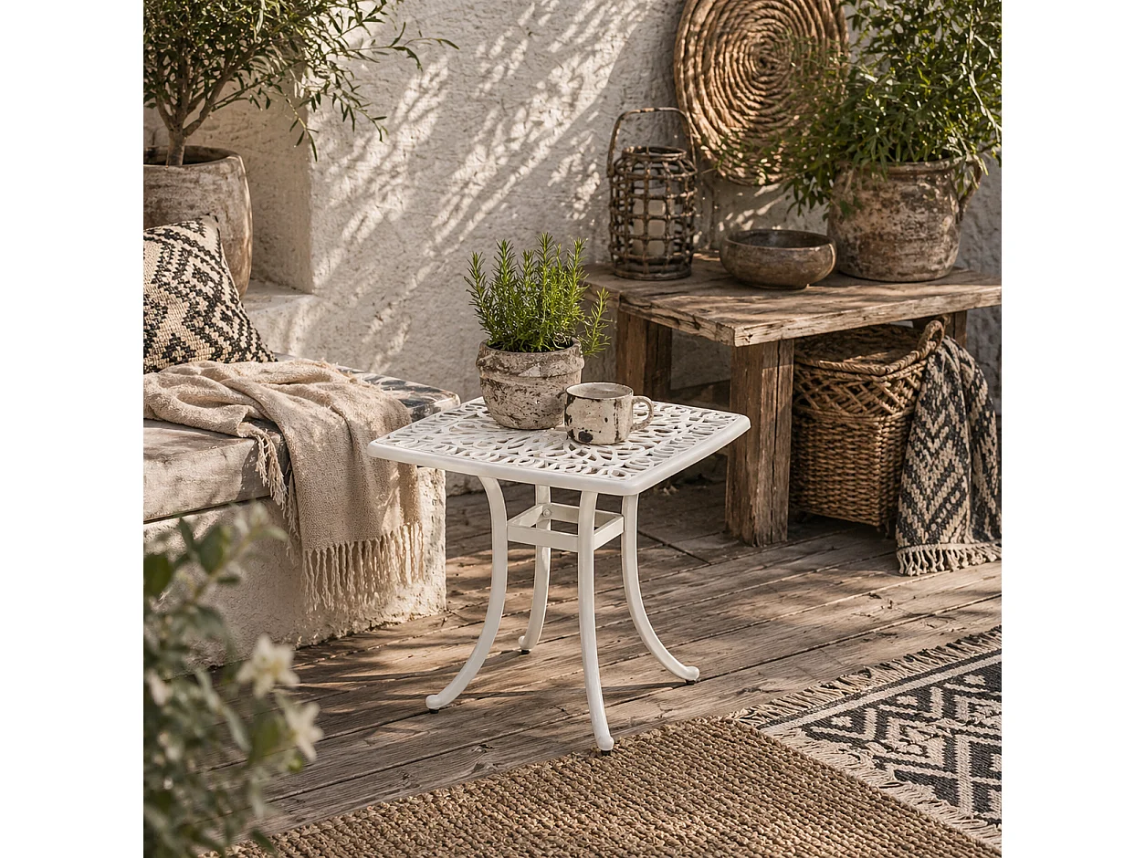 Zisu White Cast Aluminium Square Bistro Table with Umbrella Hole