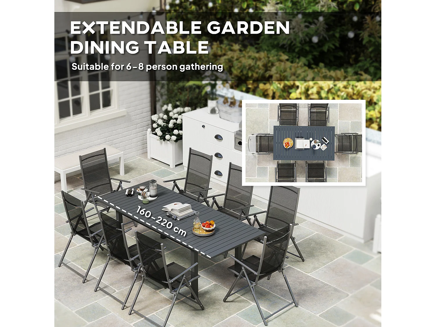Tosala Grey Aluminium Extendable Outdoor Dining Table 160 220cm Slatted Top for 6 8