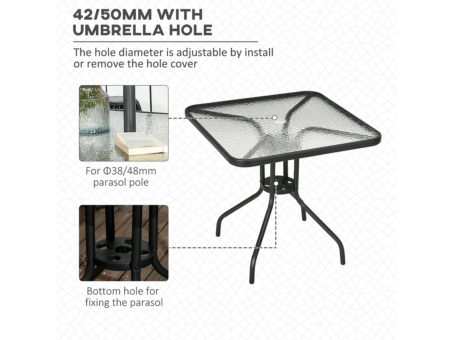 Laloke Square Metal and Tempered Glass Garden Dining Table with Parasol Hole