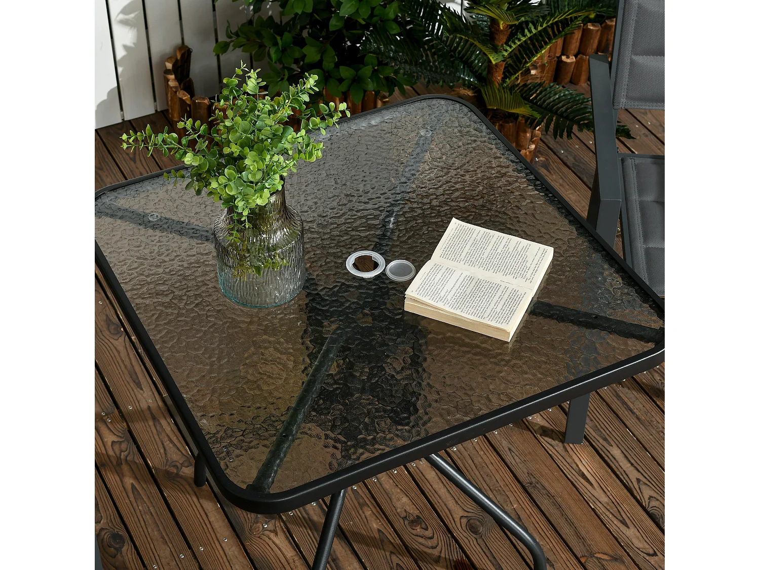 Laloke Square Metal and Tempered Glass Garden Dining Table with Parasol Hole