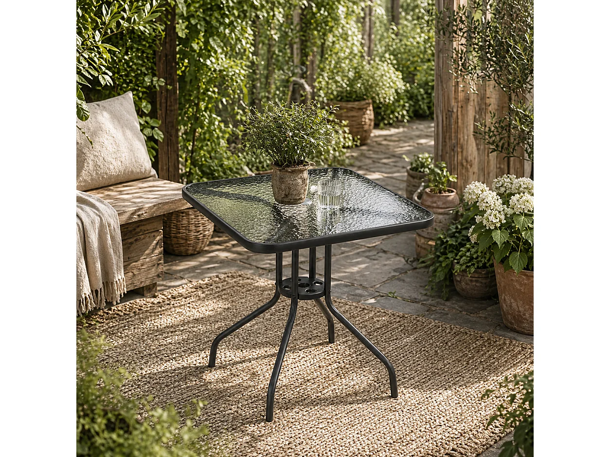 Laloke Square Metal and Tempered Glass Garden Dining Table with Parasol Hole