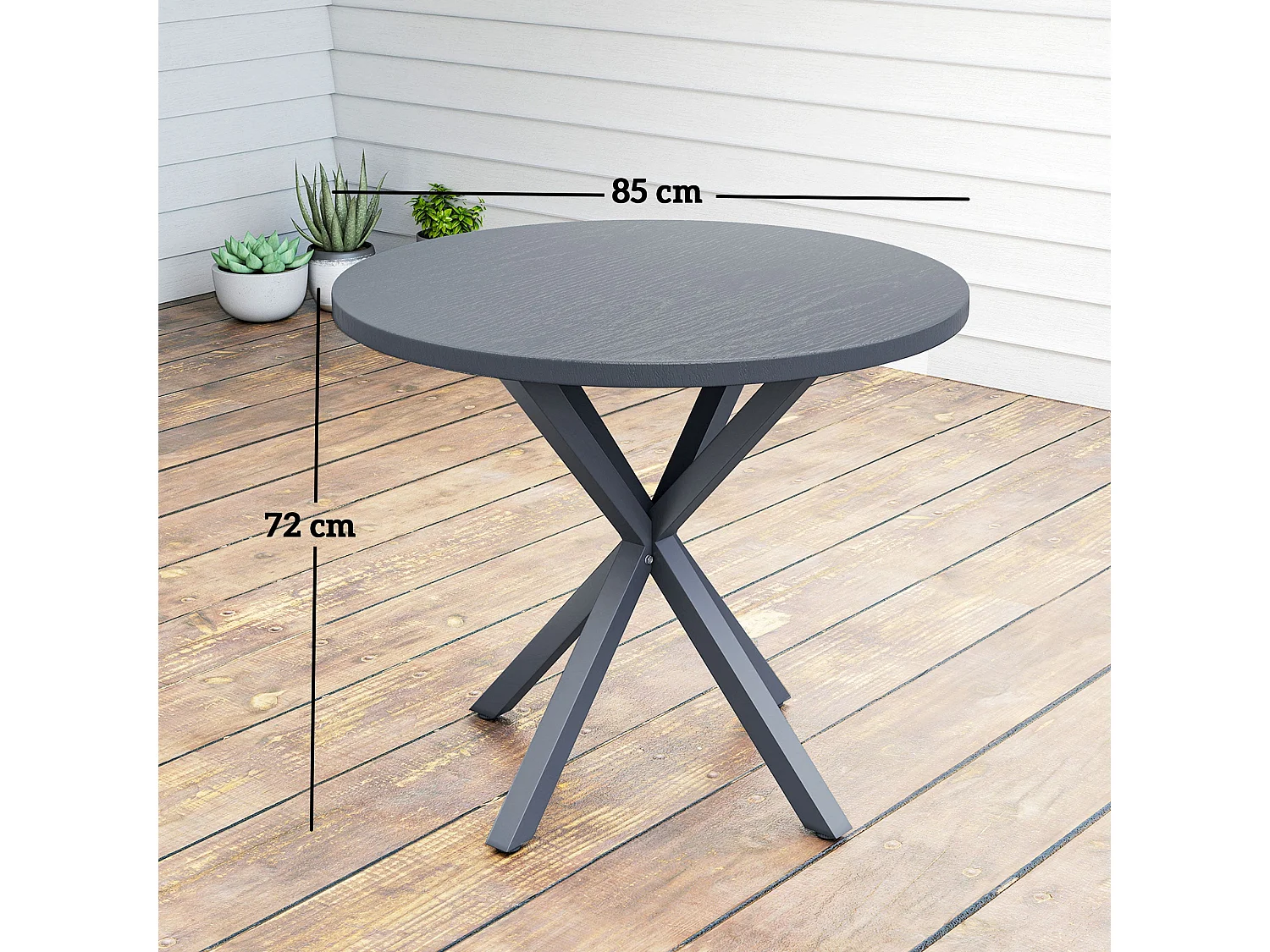 Revafa 85cm Round Garden Dining Table Dark Grey Wood Effect Top