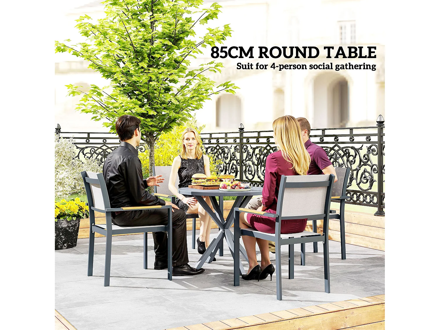 Revafa 85cm Round Garden Dining Table Dark Grey Wood Effect Top