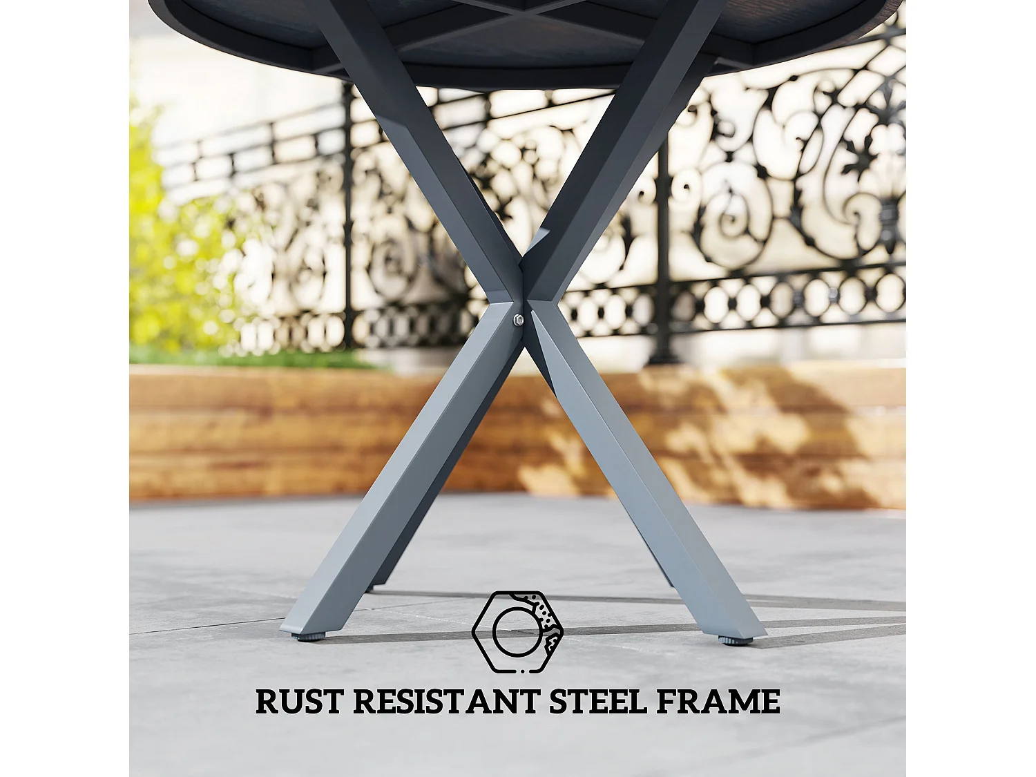 Revafa 85cm Round Garden Dining Table Dark Grey Wood Effect Top