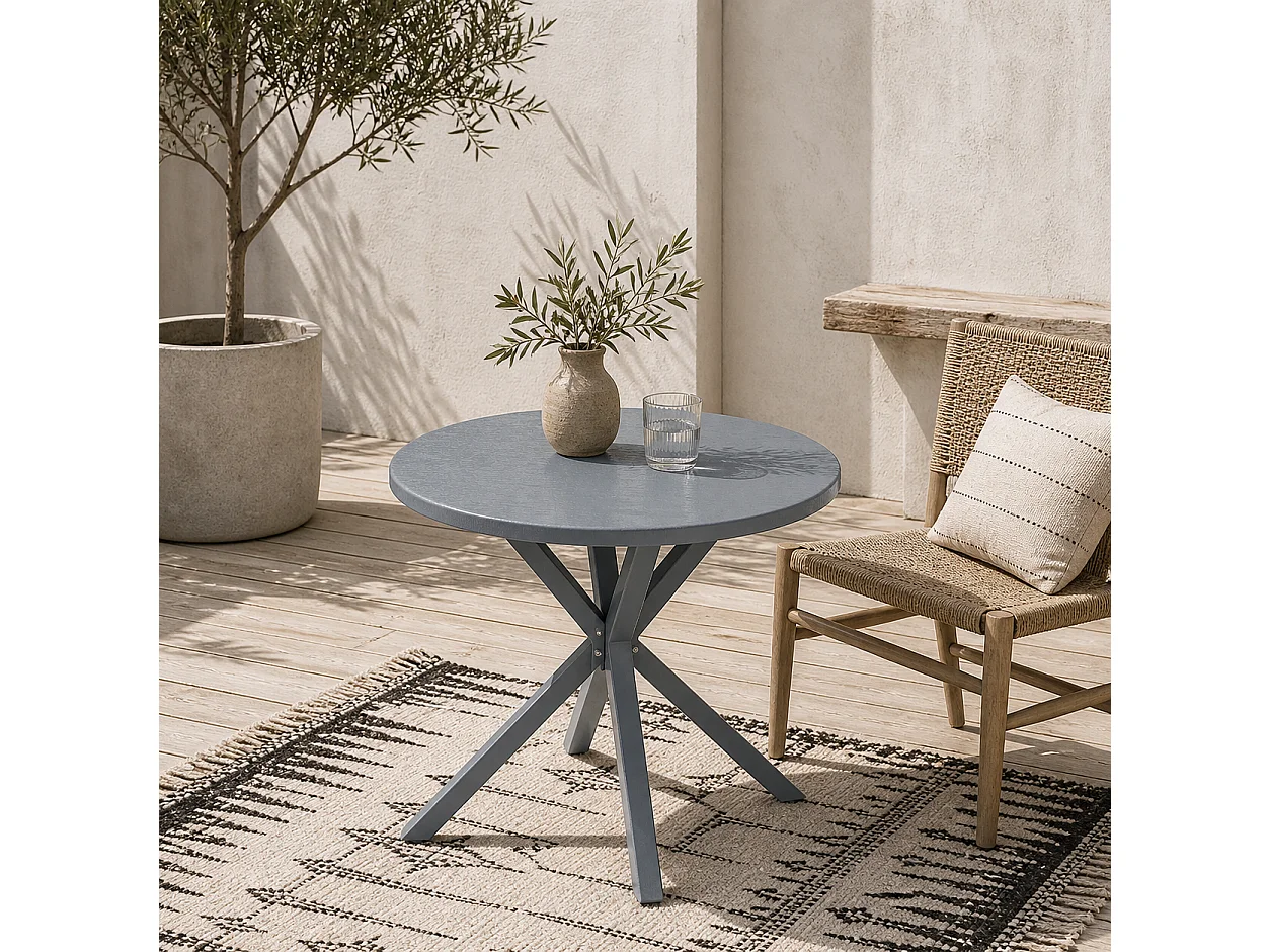 Revafa 85cm Round Garden Dining Table Dark Grey Wood Effect Top