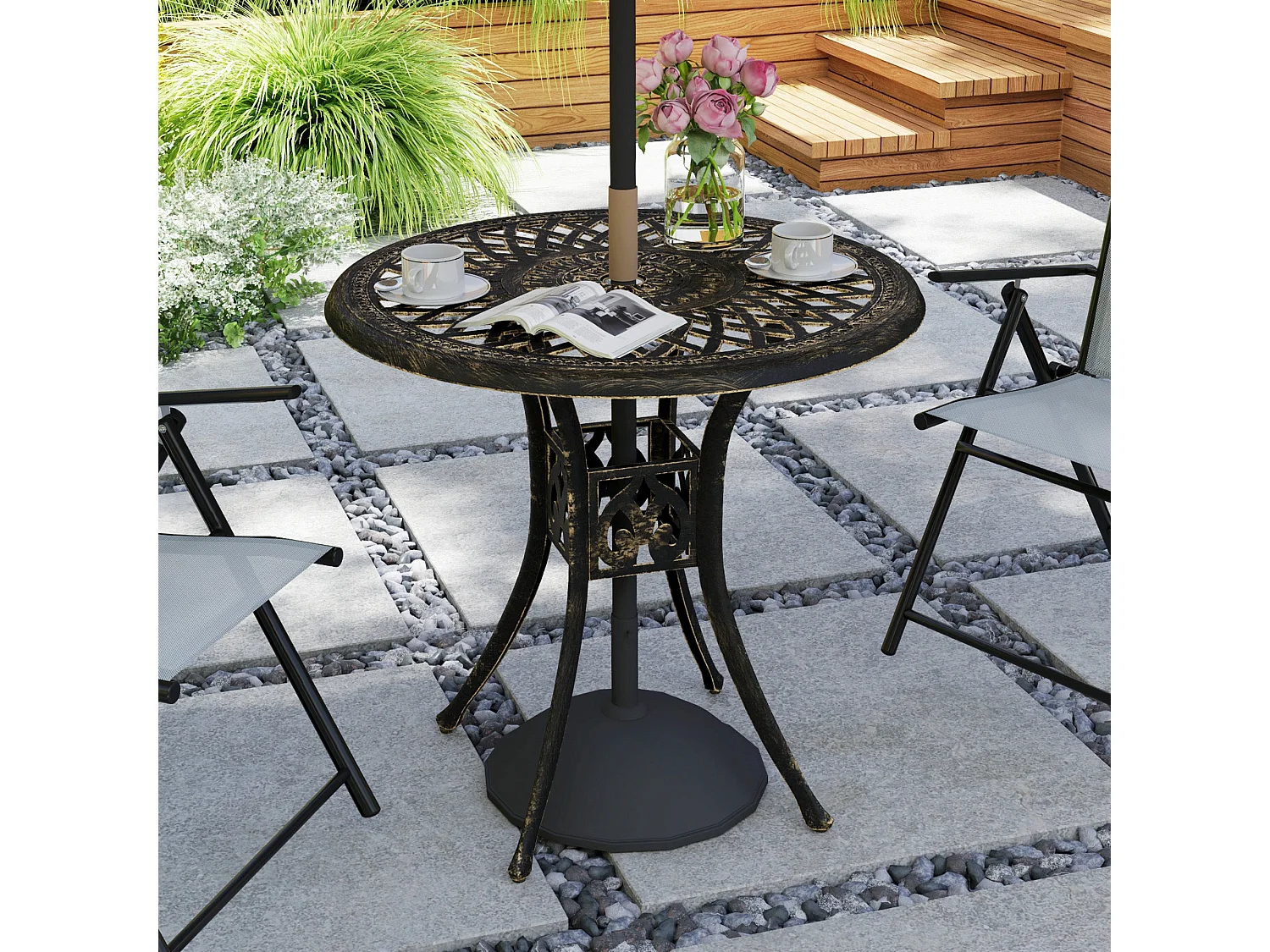 Kenofa Cast Aluminium Bronze Round Garden Dining Table with Parasol Hole