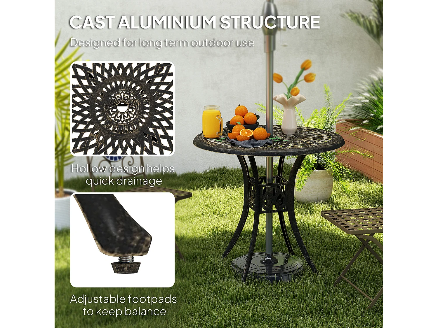 Kenofa Cast Aluminium Bronze Round Garden Dining Table with Parasol Hole