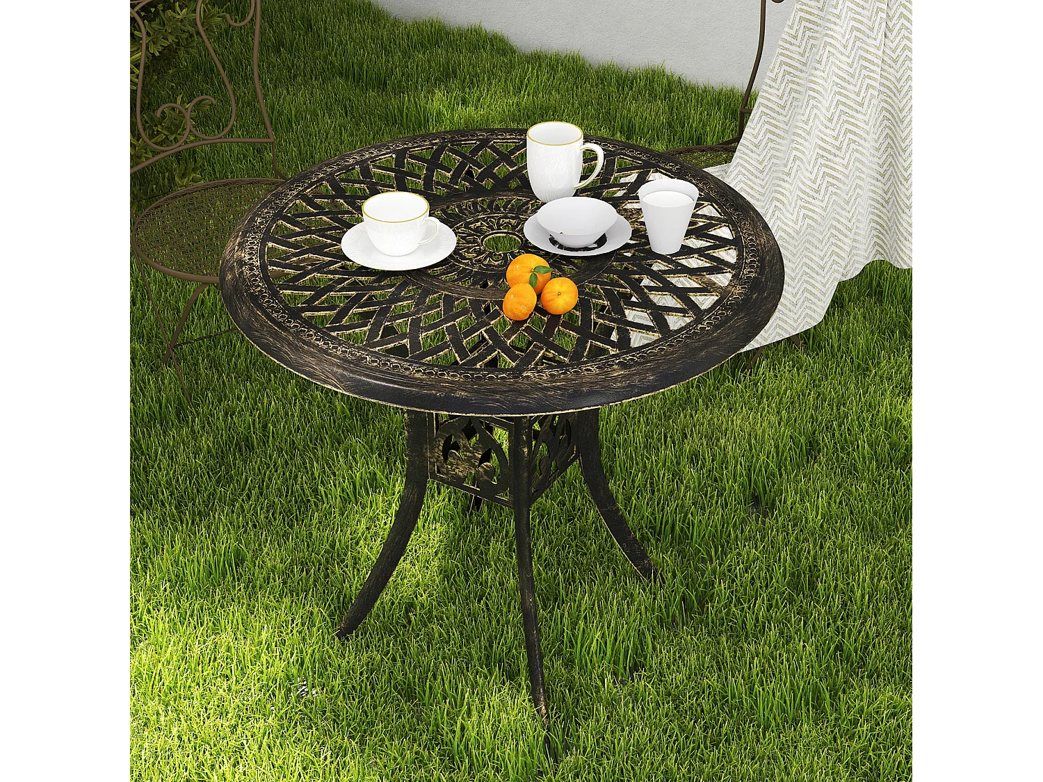 Kenofa Cast Aluminium Bronze Round Garden Dining Table with Parasol Hole