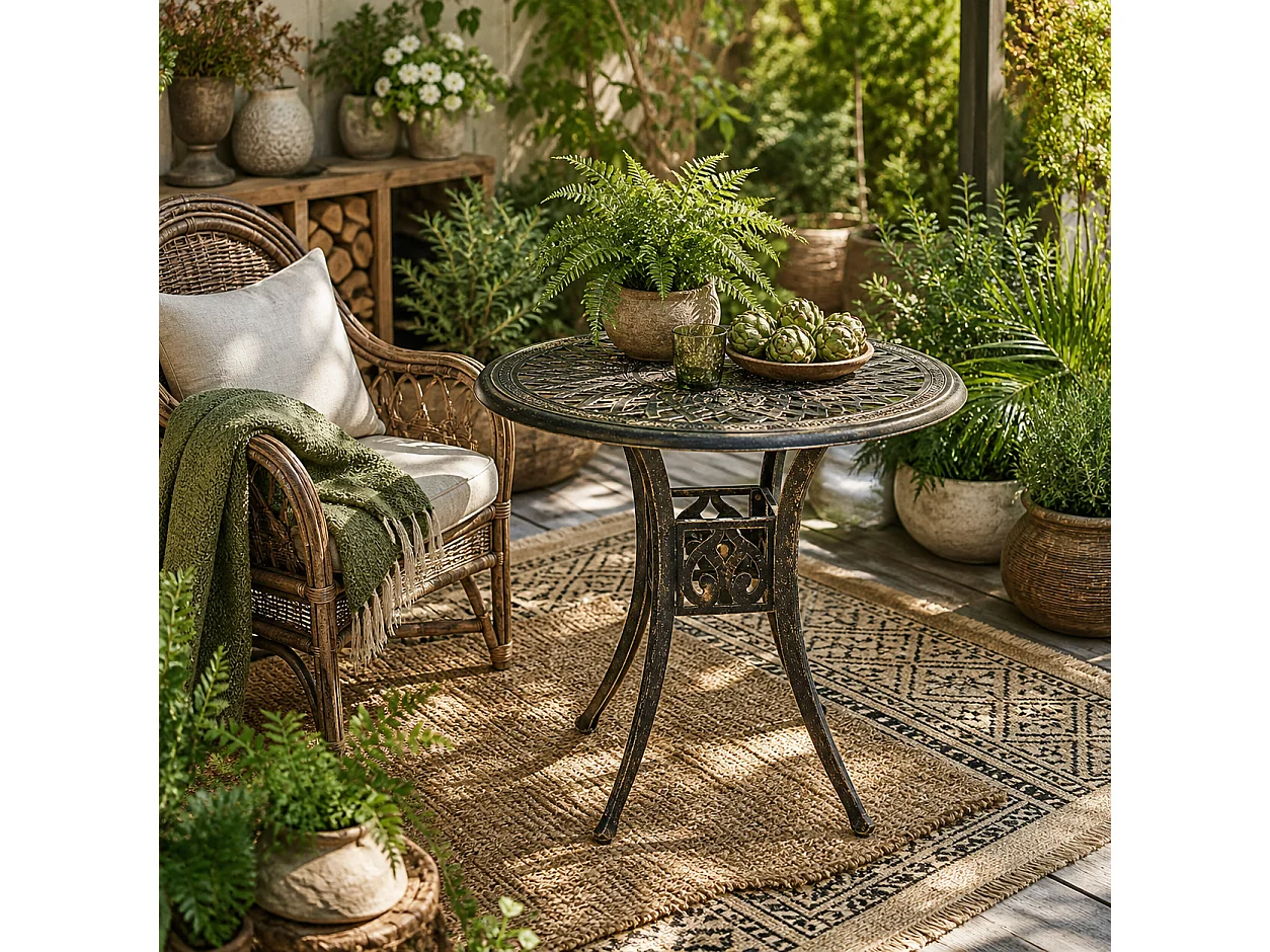 Kenofa Cast Aluminium Bronze Round Garden Dining Table with Parasol Hole