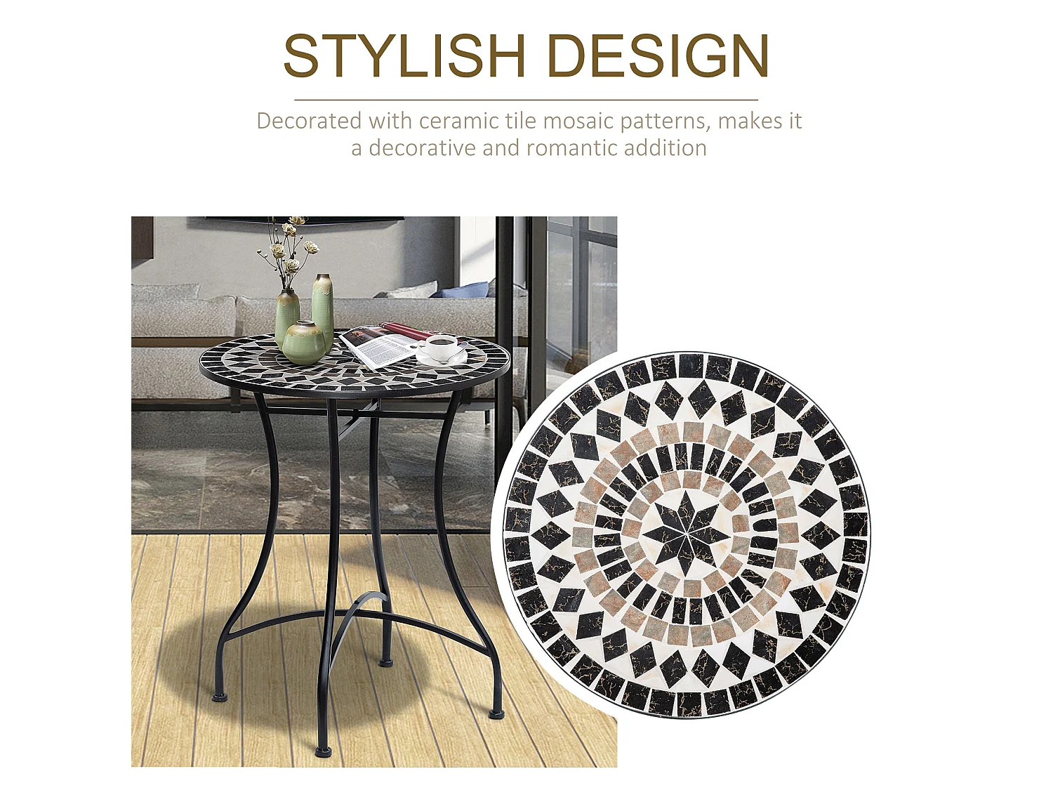 Pamone 60cm Round Mosaic Outdoor Bistro Table Black Yellow White
