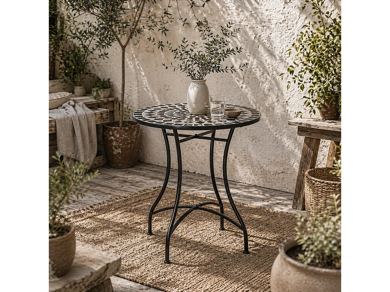 Pamone 60cm Round Mosaic Outdoor Bistro Table Black Yellow White