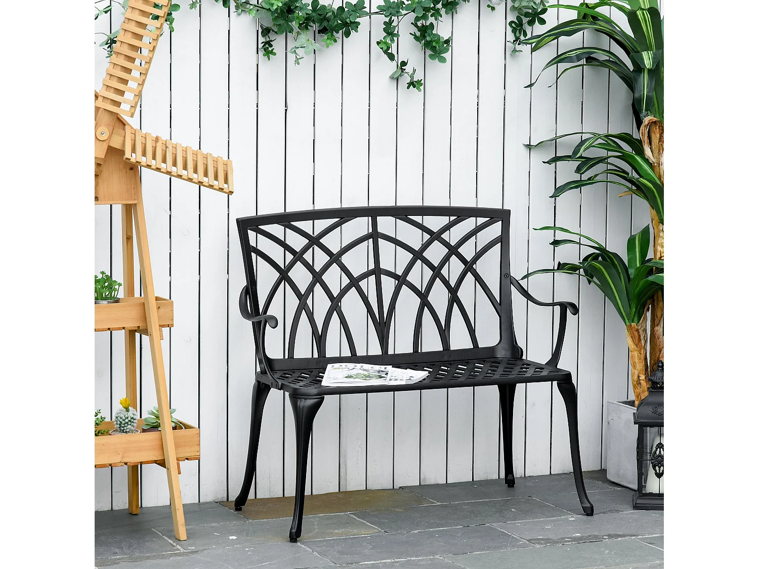 Elsu 2 Seater Outdoor Garden Bench Black Cast Aluminium Antique Finish